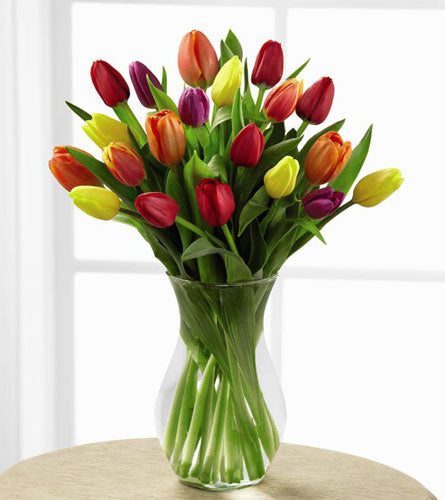 Deluxe Bright Lights Tulip Bouquet - arrangement of colorful mixed tulips in a clear glass vase.