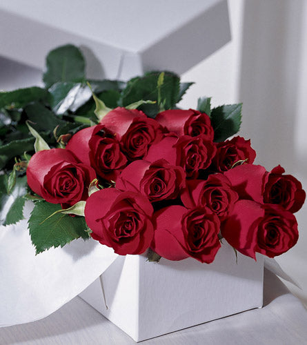 One Dozen Red Boxed Roses - twelve red roses in a white box.
