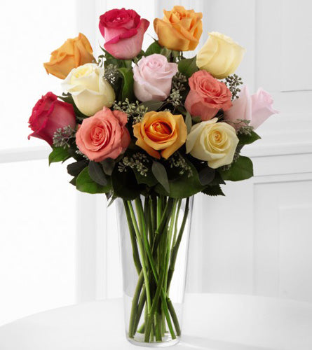 FTD's Graceful Grandeur Rose Bouquet - colourful roses in a clear vase.