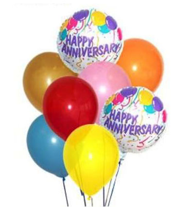 Anniversary Balloon Bouquet - eight colourful balloons with 'Happy Anniversary' text.