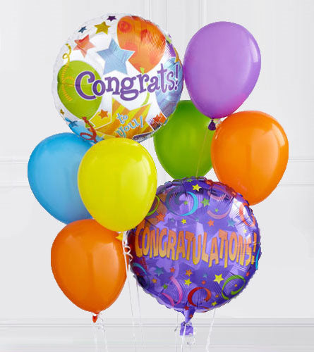 Congratulations Balloon Bouquet - colourful balloons with 'Congrats!' and 'Congratulations!' text.