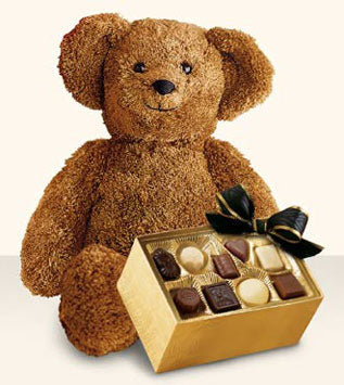 Large Bear with Boxed Chocolates - Brown teddy bear with a box of chocolates.