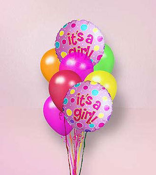 "It's a Girl!" Balloon Bouquet - colourful balloons with 'it's a girl!' text.
