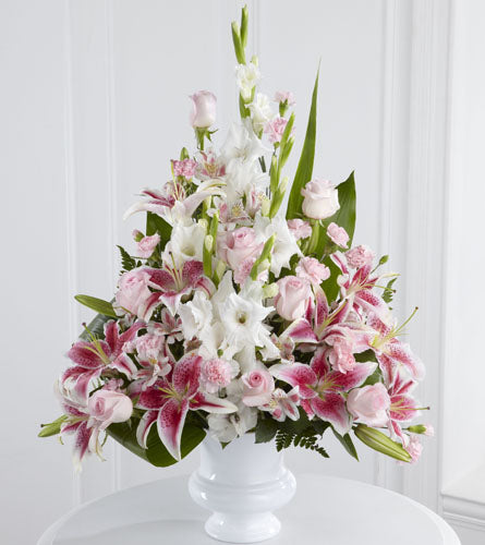 Precious Peace Arrangement - bouquet with pink and white flowers in a white vase.