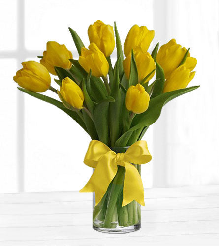 Sunny Yellow Tulips - bouquet of yellow tulips in a clear vase with a yellow bow.