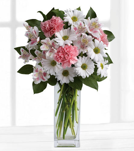 Sincerely Yours Bouquet - arrangement of pink and white flowers in a clear glass vase.