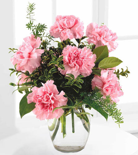 Teleflora's Pink Notion Vase - bouquet of pink carnations with greenery in a clear glass vase.