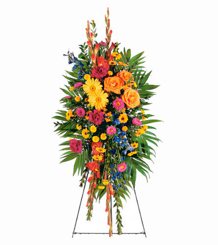 Celebration of Life Standing Spray - Colourful floral arrangement.