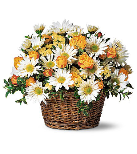 Joyful Roses and Daisies - floral arrangement with white and yellow flowers in a brown wicker basket.