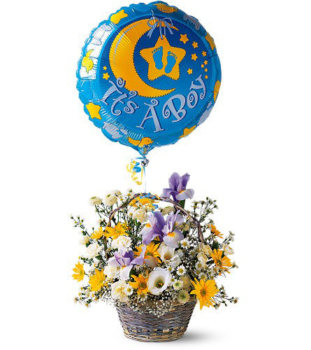 "It's a Boy!" Basket - blue balloon with 'It's a Boy' text and colourful flowers in a basket.