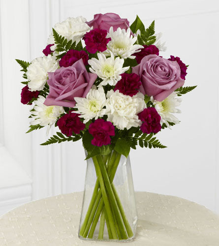 My Sweet Love Bouquet - lavender roses, white chrysanthemums and burgundy mini carnations in a clear glass vase.