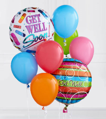 Get Well Soon Balloon Bouquet - colourful balloons including a 'Get Well Soon' balloon.