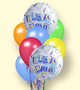 "It's a Boy!" Balloon Bouquet - Colourful balloons with 'It's a Boy' text.