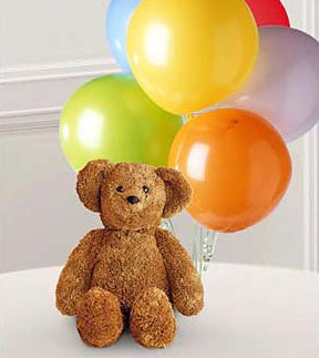 Large Bear with Balloons Bouquet - brown teddy bear with colorful latex balloons. 