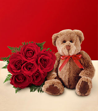Half Dozen Wrapped Red Roses & Small Bear - brown bear with a red bow tie with a bouquet of six red roses.