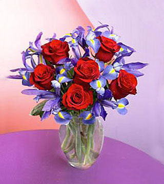Iris & Red Rose Bouquet - arrangement of six red roses and stunning midnight blue iris in a clear vase.