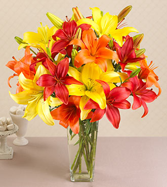 California Sunshine Mixed Asiatic Lilies - Bouquet of red, yellow, and orange lilies in a clear glass vase.