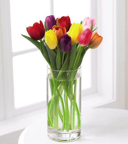 FTD's Bright Lights Arrangement - Clear glass vase with ten colorful tulips.