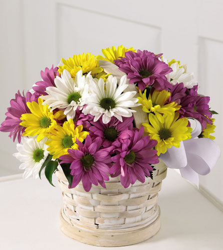 Sunny Skies Bouquet - arrangement of colourful daisies in a woven basket.