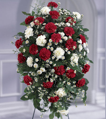 Crimson & White Standing Spray - floral arrangement with red and white carnations on a stand.