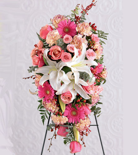 Field of Dreams Standing Spray - floral arrangement on a stand with pink and white flowers.