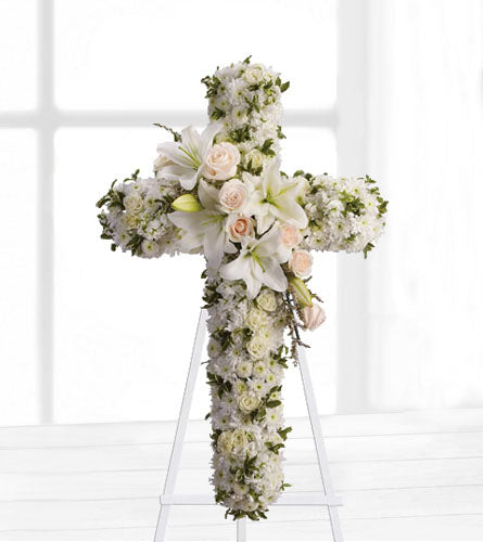 Divine Light - floral cross arrangement white flowers with pink roses.