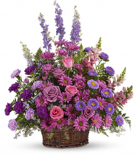 Gracious Lavender Basket - arrangement of purple, pink, and green flowers in a basket.