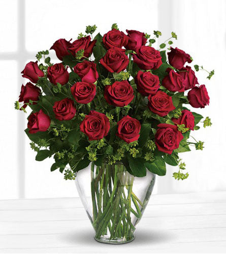 My Perfect Love - Bouquet of twenty four red roses with lush greenery in a clear vase.