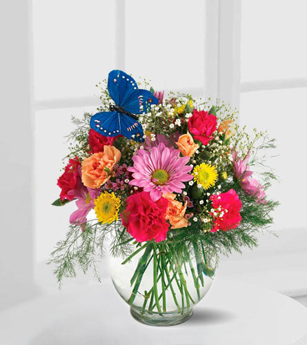 Teleflora's Butterfly and Blossoms Vase - colourful bouquet of flowers with butterflies in a clear vase.