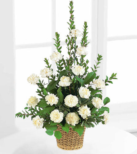 White Simplicity Basket - arrangement of white flowers in a woven basket.