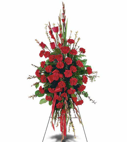 Red Regards Spray - floral arrangement with red flowers and green leaves on a stand.