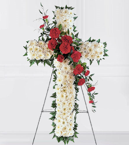 Hope and Honour Cross - Floral cross arrangement with white chrysanthemum and red carnations.