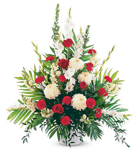 Cherished Moments Arrangement - floral arrangement with red, white, and green flowers in a decorative pot.