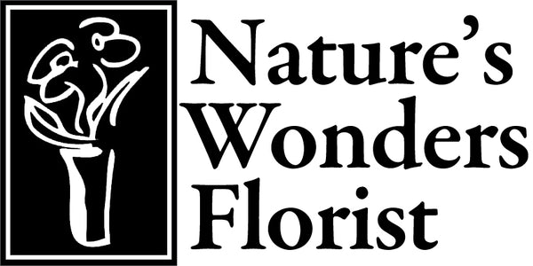 Logo of Nature's Wonders Florist with a stylized flower illustration on a black background.