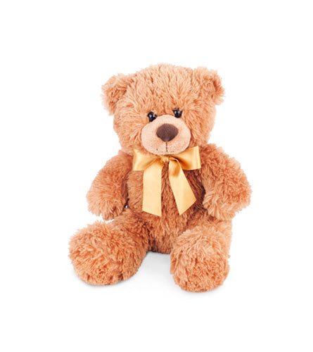 Add a Small Teddy Bear - brown stuffed teddy bear with gold bow.